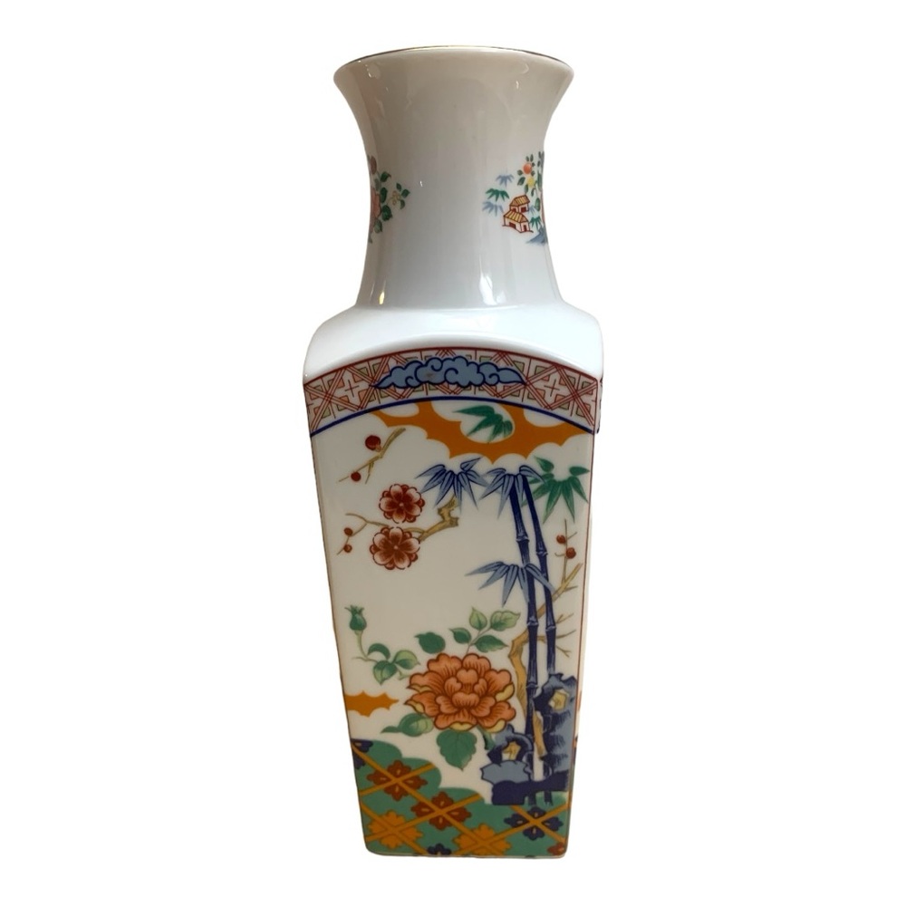 VTG 60’s Japanese Imari Ware Blossom Bamboo Garden Square Porcelain Gilded Vase